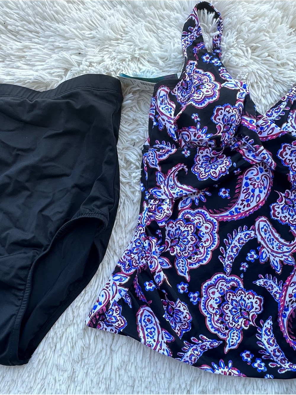 Swim Solutions One-Piece Swimsuit in Black with Purple Paisley Print size 8